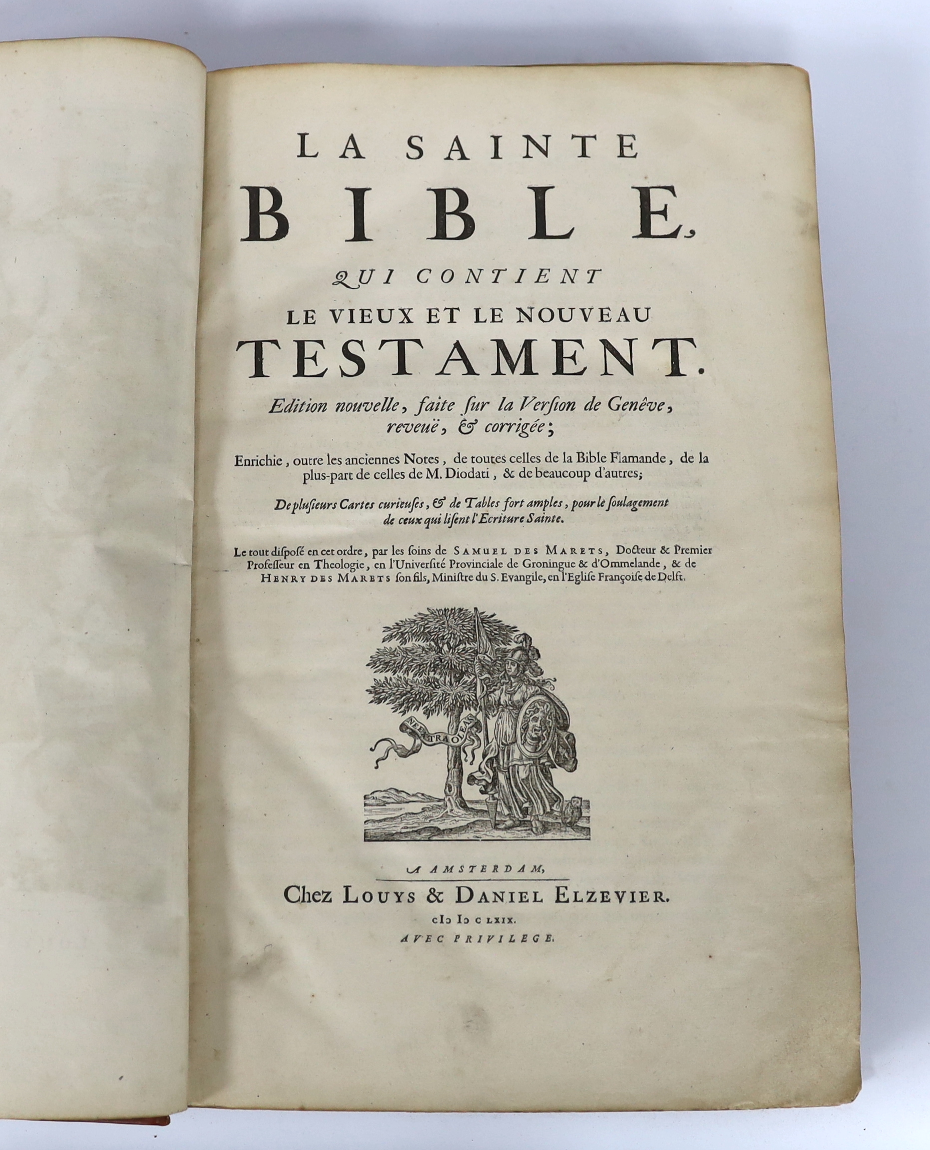 BIBLE - The Amsterdam Elzevier 1669, folio, Geneva version, bound as 2 volumes with an added Apocrypha. La Sainte Bible...edition nouvelle....reveue, and corrigee; enrichie, outre les anciennes notes, de toutes celles de